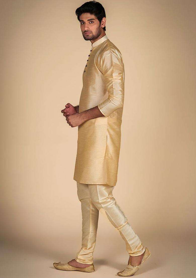 Gold Solid Silk Blend Kurta Set For Men - Indya