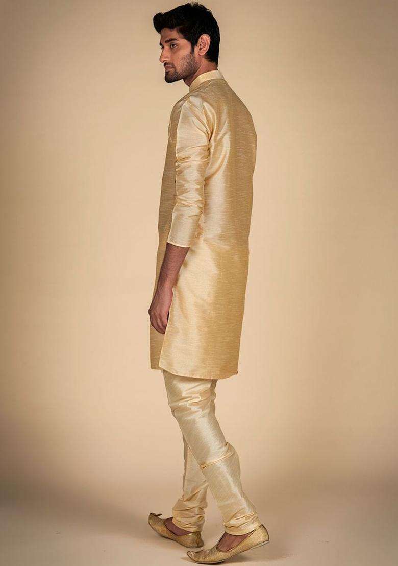 Gold Solid Silk Blend Kurta Set For Men - Indya