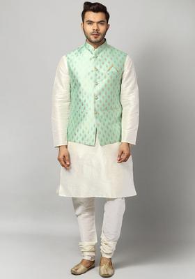 Off White Solid Silk Kurta Set For Men