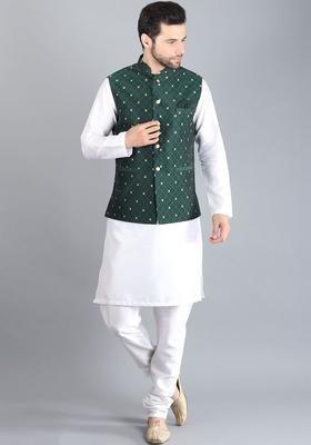White Solid Silk Kurta Set For Men