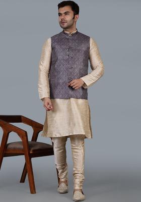 Cream Solid Silk Blend Kurta Set For Men