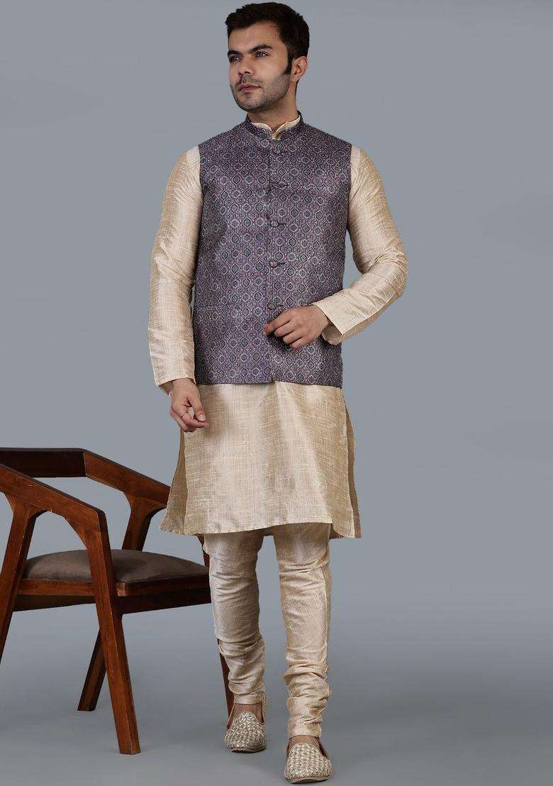 Cream Solid Silk Blend Kurta Set For Men - Indya