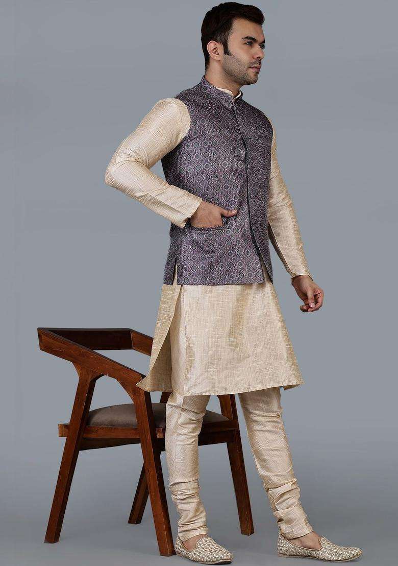 Cream Solid Silk Blend Kurta Set For Men - Indya