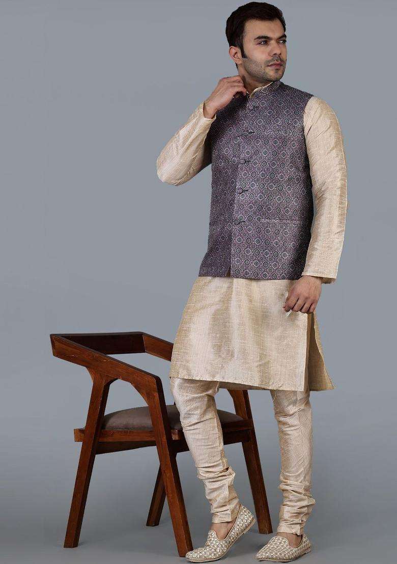 Cream Solid Silk Blend Kurta Set For Men - Indya