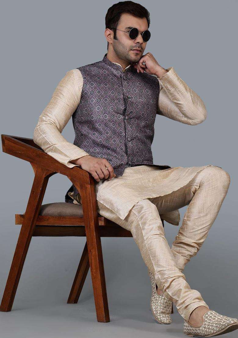 Cream Solid Silk Blend Kurta Set For Men - Indya