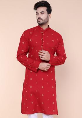 Maroon Printed Cotton Kurta Set For Men