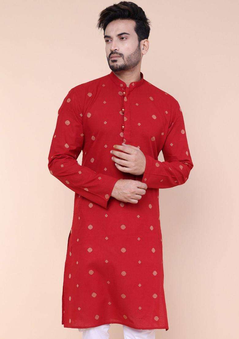 Maroon Printed Cotton Kurta Set For Men - Indya
