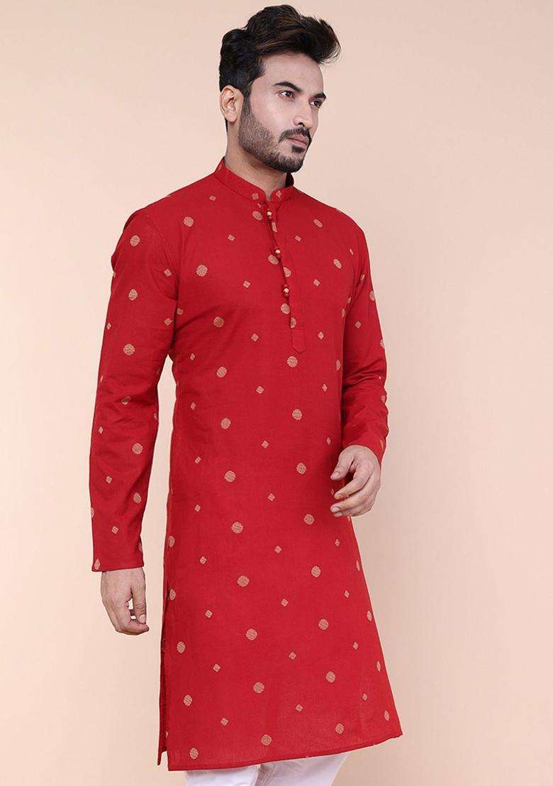 Maroon Printed Cotton Kurta Set For Men - Indya