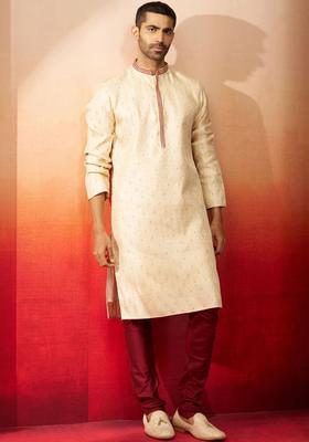 Cream Woven Design Silk Kurta Set For Men