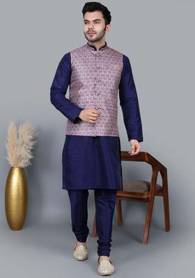Blue Solid Silk Kurta Set For Men