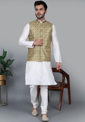 White Solid Silk Kurta Set For Men