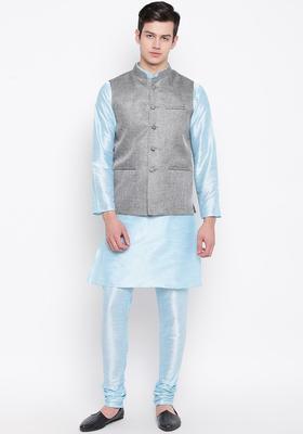 Blue Solid Silk Kurta Set For Men