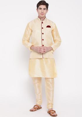 Gold Solid Silk Kurta Set For Men