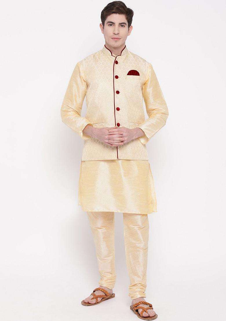 Gold Solid Silk Blend Kurta Set For Men - Indya