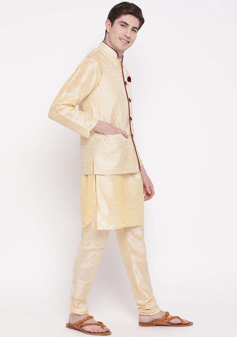 Gold Solid Silk Blend Kurta Set For Men - Indya