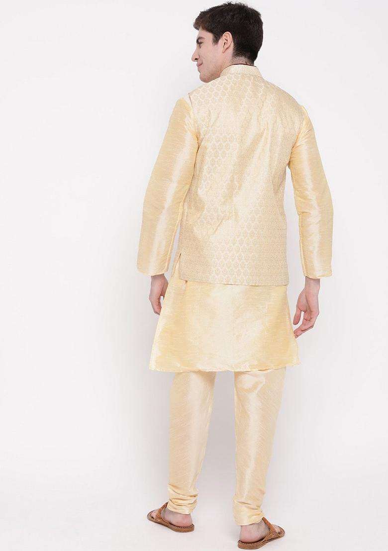 Gold Solid Silk Blend Kurta Set For Men - Indya