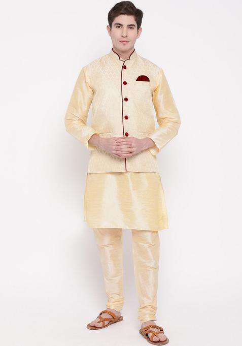 Gold Solid Silk Blend Kurta Set For Men