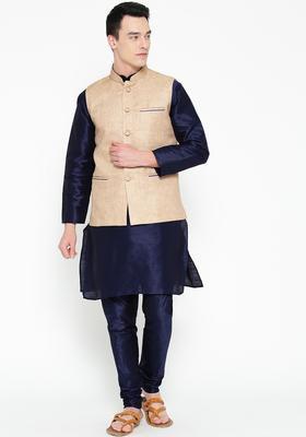 Navy Blue Solid Silk Kurta Set For Men