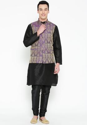 Black Solid Silk Kurta Set For Men