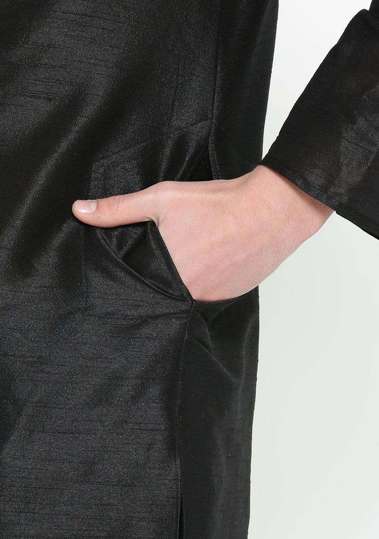 Black Solid Silk Blend Kurta Set For Men - Indya