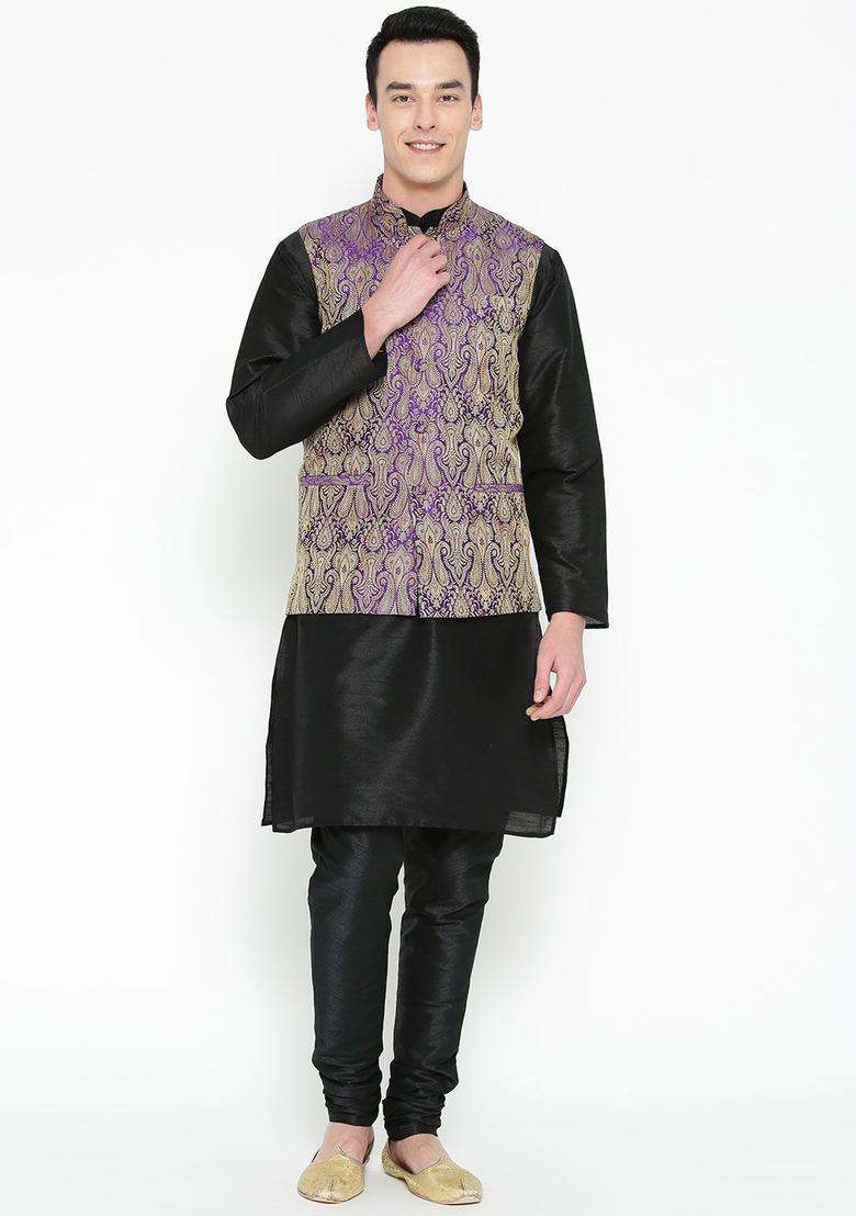 Black Solid Silk Blend Kurta Set For Men - Indya