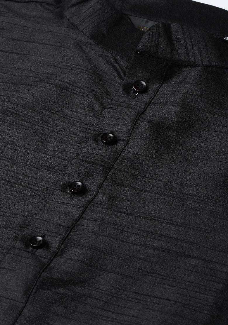 Black Solid Silk Blend Kurta Set For Men - Indya