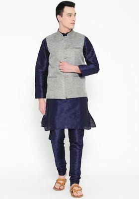 Navy Blue Solid Silk Kurta Set For Men