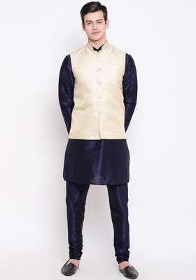 Navy Blue Solid Silk Kurta Set For Men