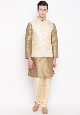 Beige Solid Silk Kurta Set For Men