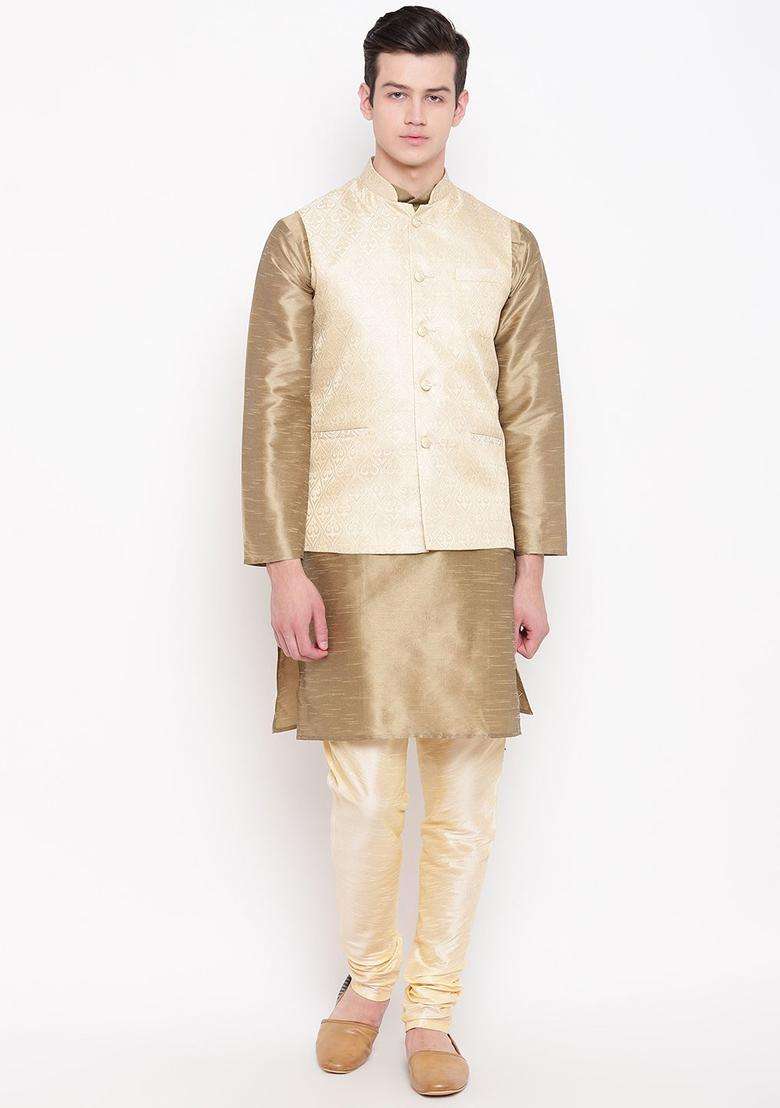 Beige Solid Silk Blend Kurta Set For Men - Indya