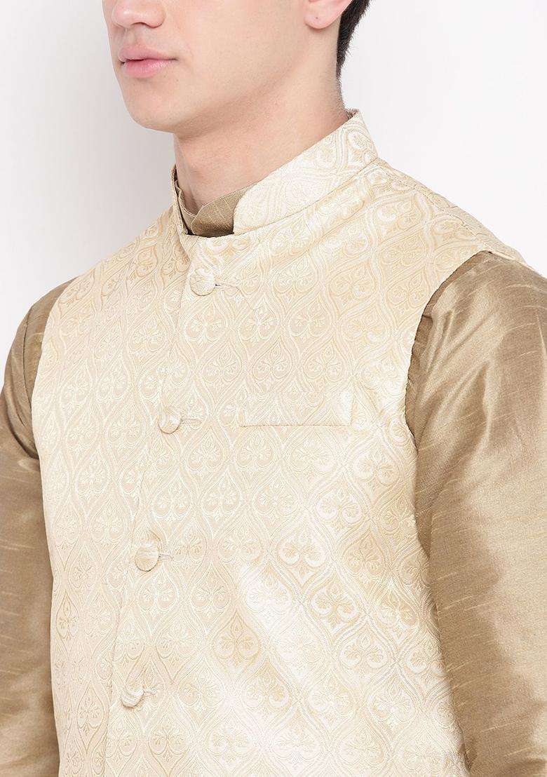 Beige Solid Silk Blend Kurta Set For Men - Indya