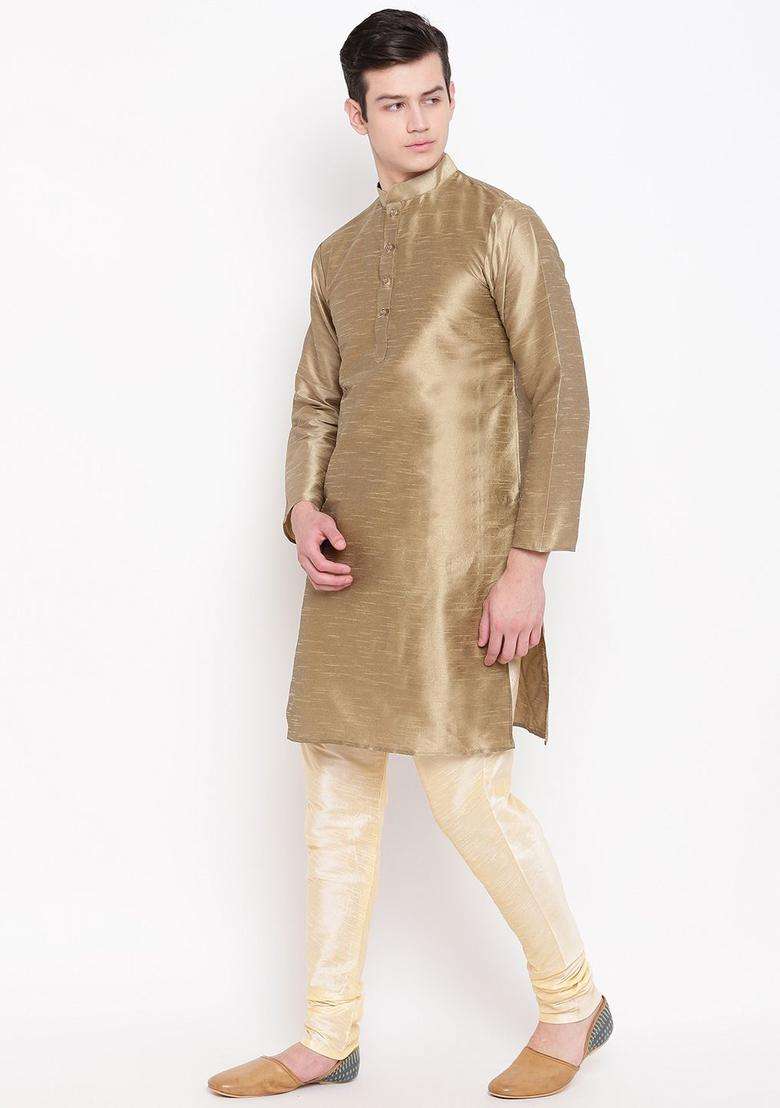 Beige Solid Silk Blend Kurta Set For Men - Indya
