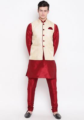 Red Solid Silk Kurta Set For Men