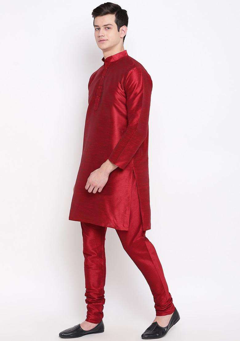 Red Solid Silk Blend Kurta Set For Men - Indya
