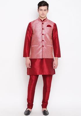 Maroon Solid Silk Kurta Set For Men