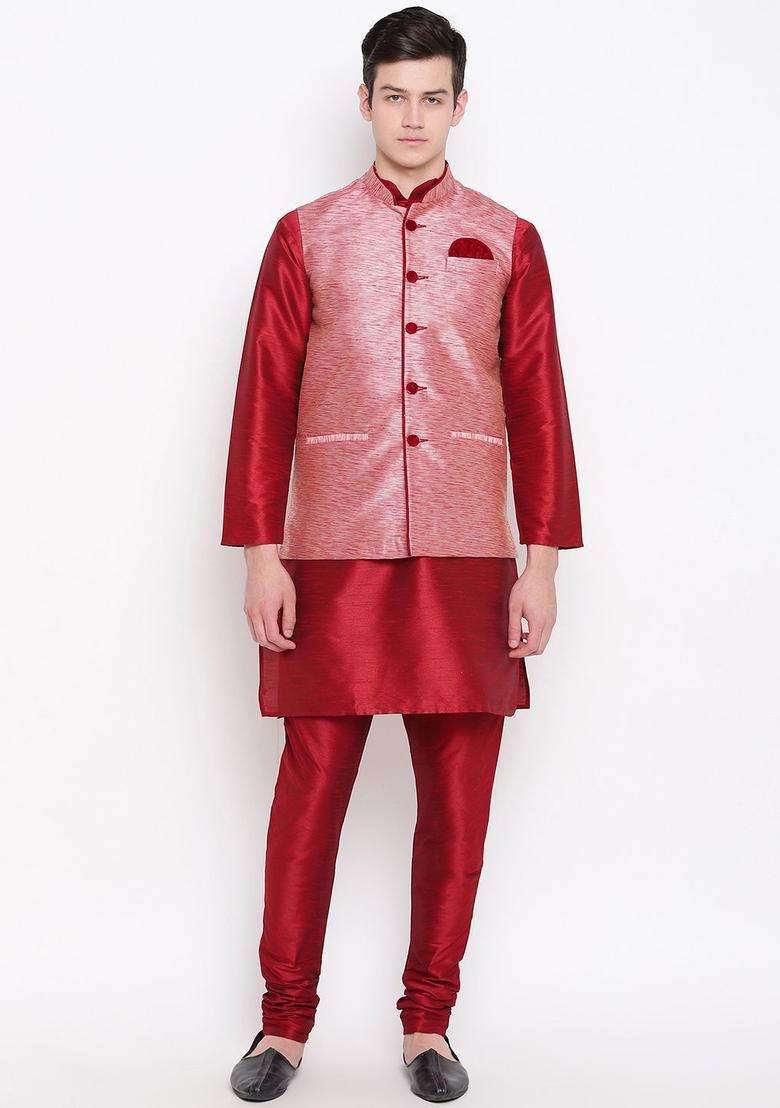Maroon Solid Silk Blend Kurta Set For Men - Indya