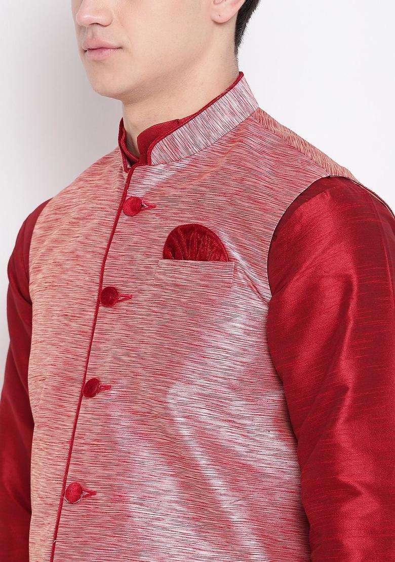 Maroon Solid Silk Blend Kurta Set For Men - Indya