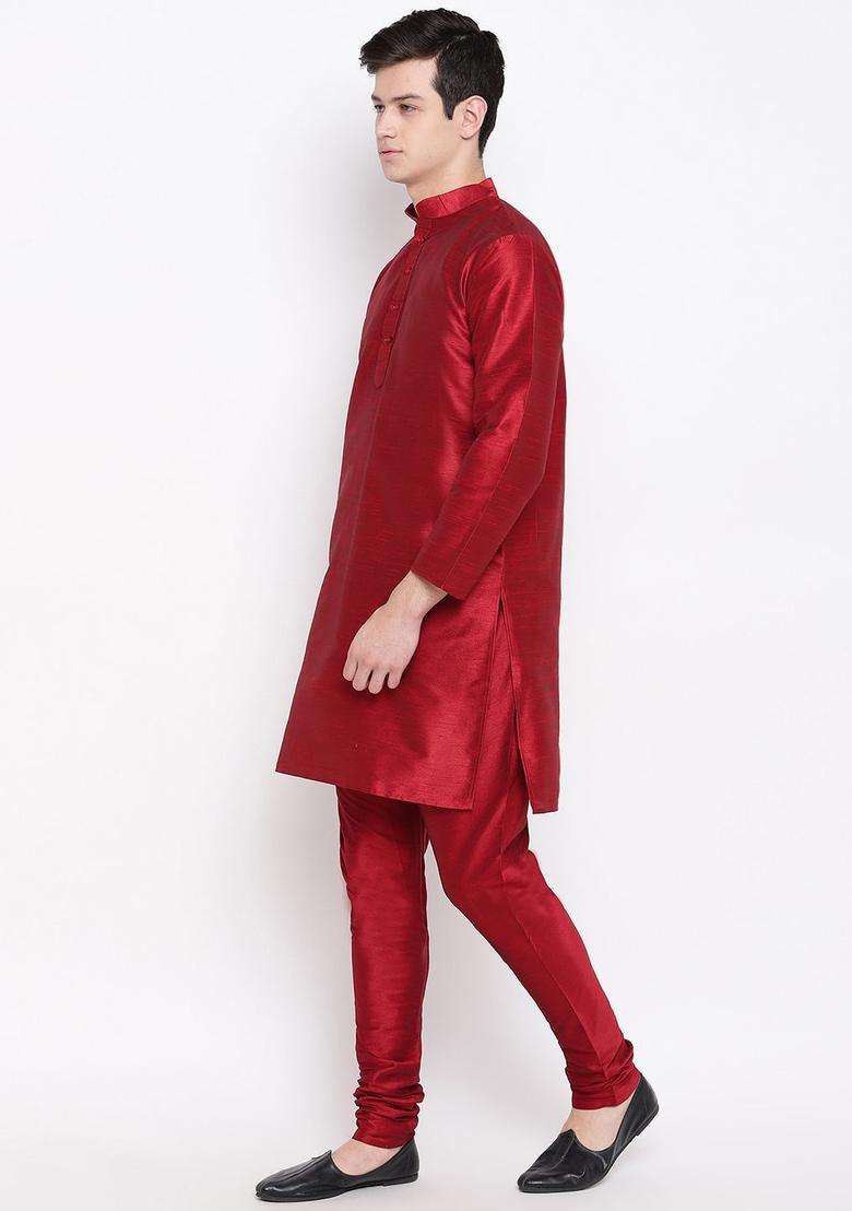 Maroon Solid Silk Blend Kurta Set For Men - Indya