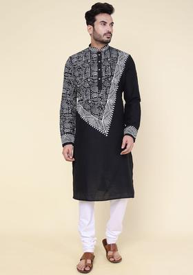 Black Printed Silk Kurta Set For Men
