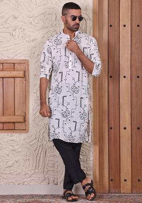 White Embroidered Cotton Kurta Set For Men