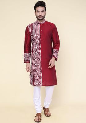 Maroon Printed Silk Kurta Set For Men