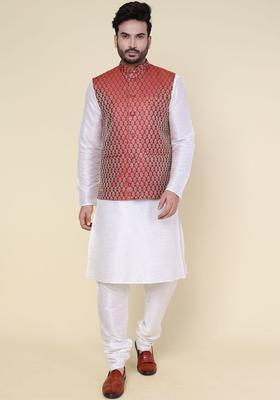 Maroon Woven Design Silk Kurta Set For Men