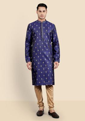 Navy Blue Woven Design Silk Kurta Set For Men
