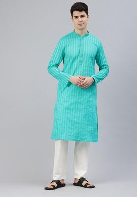 Green Striped Cotton Kurta Set For Men