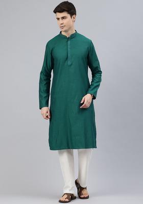 Green Woven Design Cotton Kurta Set For Men