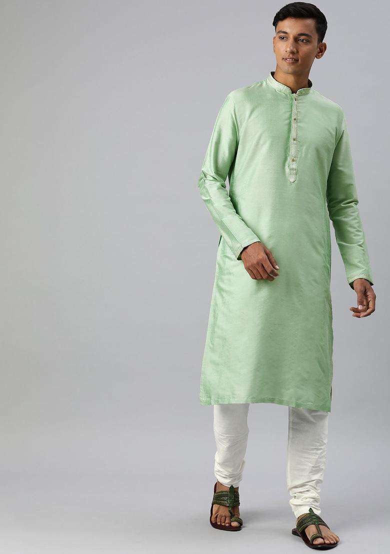 Green Solid Viscose Kurta Set For Men - Indya