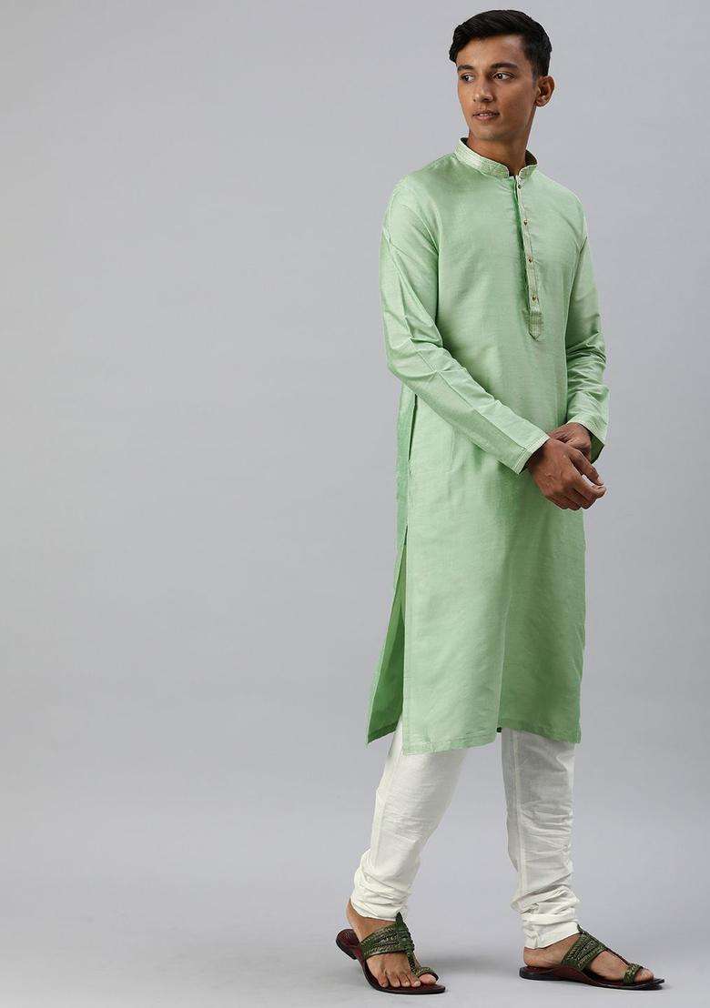 Green Solid Viscose Kurta Set For Men - Indya