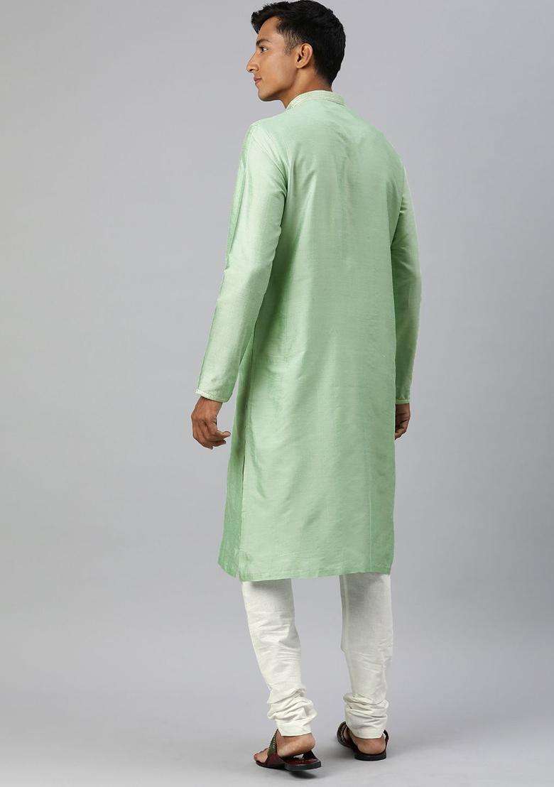 Green Solid Viscose Kurta Set For Men - Indya