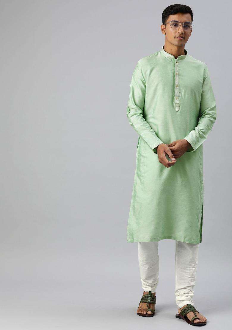 Green Solid Viscose Kurta Set For Men - Indya