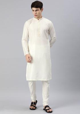 Cream Solid Silk Blend Kurta Set For Men